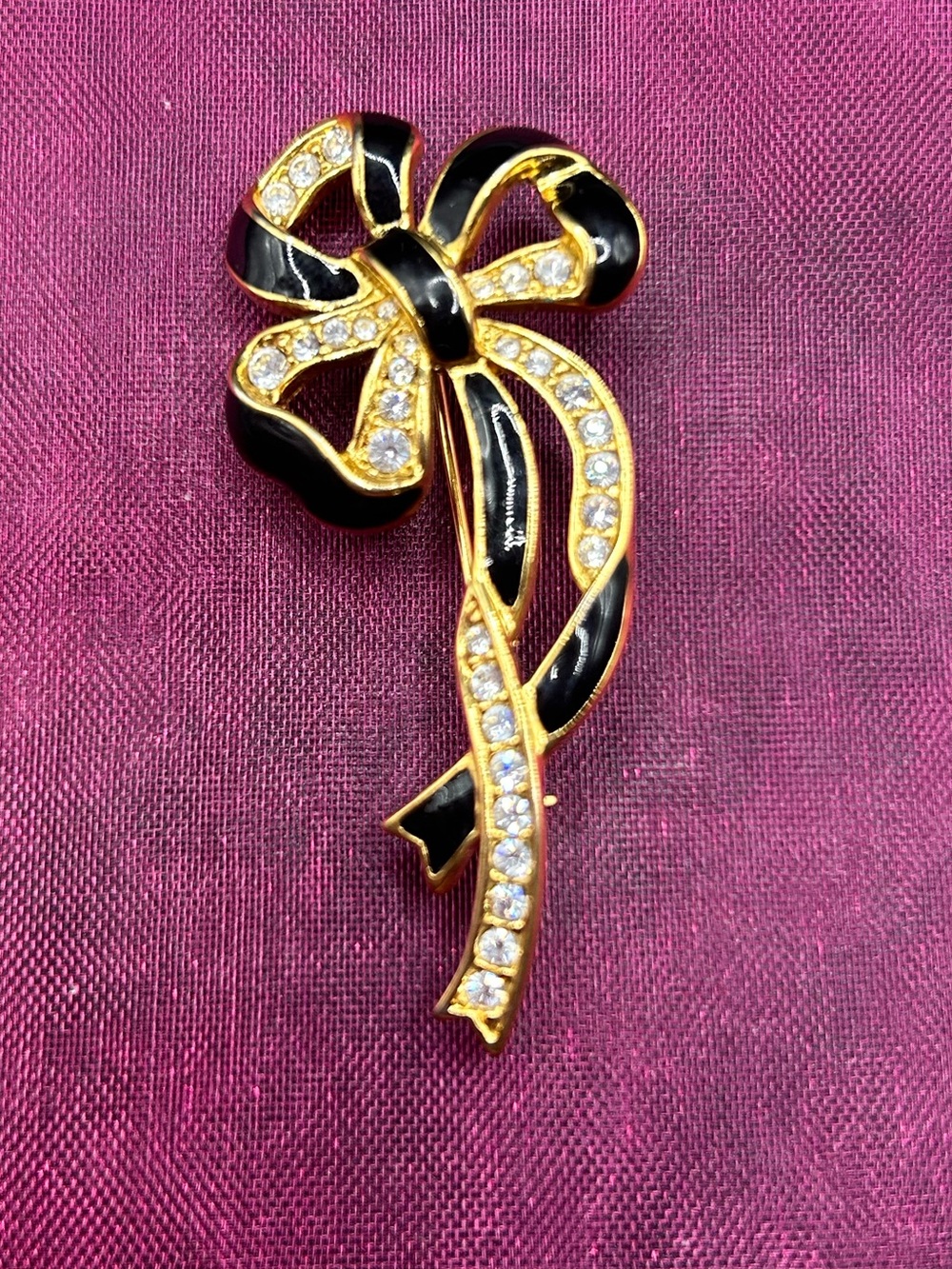 Gold & Black Bow Crystal Ribbon Brooch - Elegant Women's Jewelry